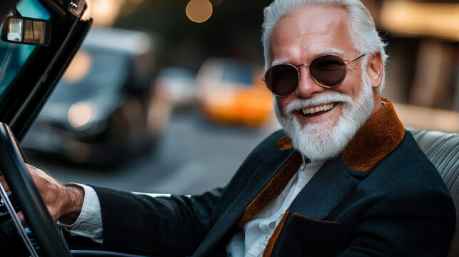 Joyful elderly man with white beard and sunglasses driving a convertible car.