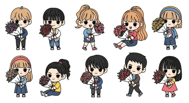 Collection of charming cartoon characters holding beautiful bouquets of flowers