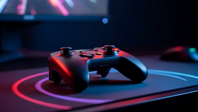 Close-up of a black wireless video game controller illuminated by vibrant neon lights on a gaming desk with a monitor in the background. - Powered by Adobe