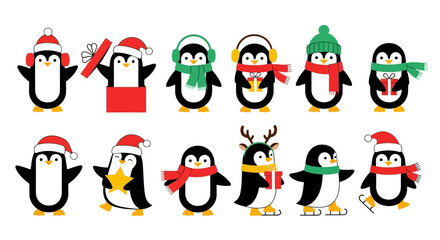 Cute vector cartoon penguins celebrating the festive winter holidays, adorned with Christmas hats, scarves, and seasonal accessories, perfect for cheerful designs