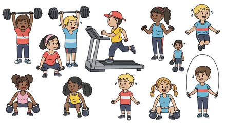 A vibrant and diverse collection of cartoon children engaged in various fitness activities, promoting a healthy and active lifestyle