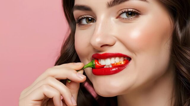 Woman playfully biting red chili pepper with bold lipstick in closeup sequence
