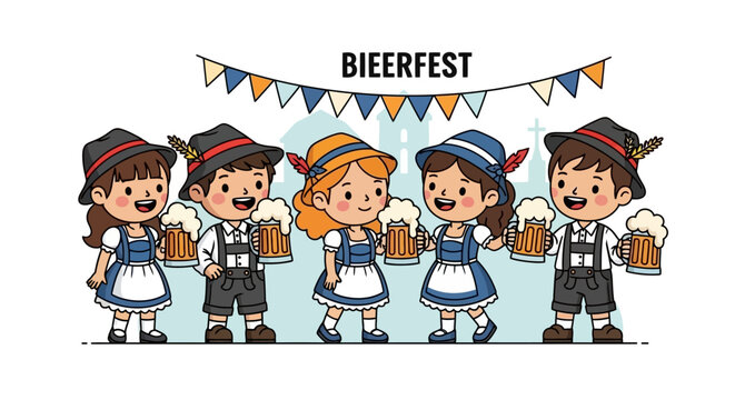 Cartoon Oktoberfest Celebration with Beer Steins and Festive Bunting