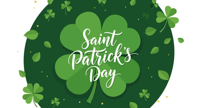 A vibrant St. Patrick's Day greeting card featuring a large lucky four-leaf clover on a green background with shamrocks and sparkles