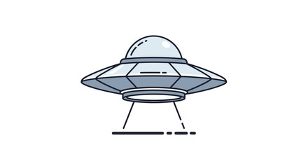 A classic flying saucer UFO hovers above the ground with its lights shining down.