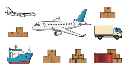 Global transportation and logistics of goods including airplanes ships and trucks.