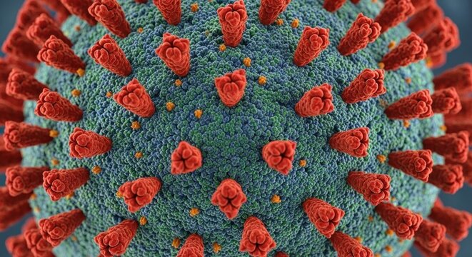 A microscopic view of a virus with red spikes on a green background.