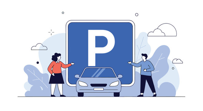 Two people standing next to a car in a parking lot with a blue parking sign.