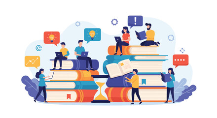 Students are studying and collaborating around a stack of books and a sand timer.