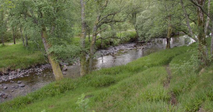 Wide shot looking down stream River south esk at Corrie Fee National Nature Reserve