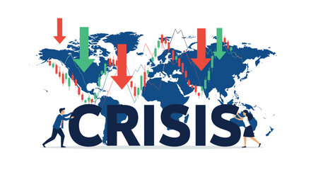 Global economic downturn depicted by falling stock market charts and world map.