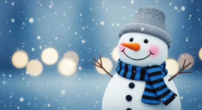 Adorable Snowman with Hat and Scarf in Winter Wonderland Scene Festive Holiday Celebration Happy Winter