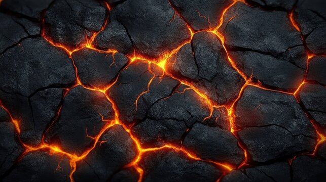 dark cracked volcanic rock with glowing molten lava veins seeping through fissures, intense fiery orange glow and dramatic scorched texture