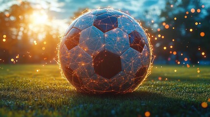 Glowing electrified soccer ball on dewy grass at sunset wrapped in a digital network with floating sparks, conveying energy, excitement and magical wonder