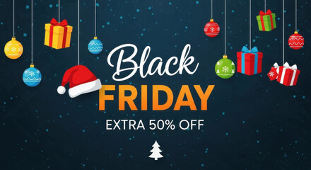 Black Friday Sale Advertisement Banner Template Featuring Gifts Ornaments Santa Hat Modern Design Extra Discount Offer for Holiday Season