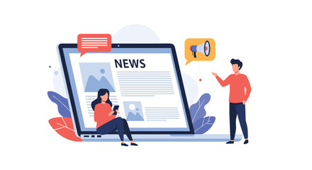 Digital news platform for global audience reading articles on a laptop.