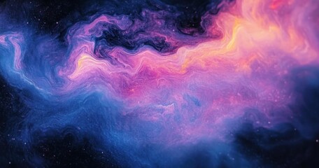 swirling purple, pink and blue cosmic nebula with glowing orange highlights and scattered stars evoking wonder and serene mystery