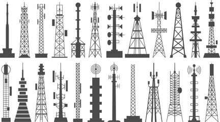 Communication tower silhouette set, antenna structures, broadcast, cellular, wireless signal vector for telecom design, infrastructure illustration, engineering, network coverage