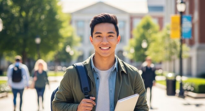 A smiling young man standing on a college campus, holding a laptop and a backpack, with other students in the background.