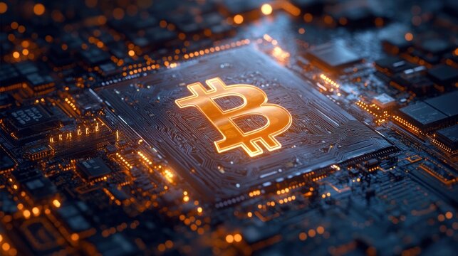 Glowing golden cryptocurrency emblem embedded in a high-tech microchip and circuit board, bathed in warm orange light, evoking futuristic power and digital energy