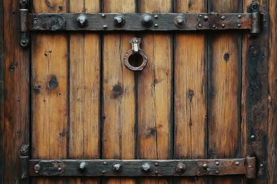 rustic wooden door with metal straps, rivets and circular iron knocker on weathered vertical planks evoking history, sturdy construction and timeless charm