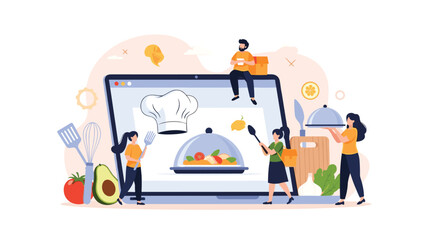 People are interacting with a digital interface showcasing delicious food preparations and ingredients.