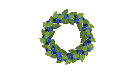 A fresh wreath of ripe blueberries and green leaves arranged in a circular pattern.