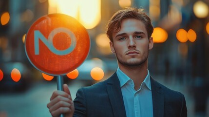 man in suit holding red circular sign with blue symbol on an urban street at sunset, serious contemplative mood