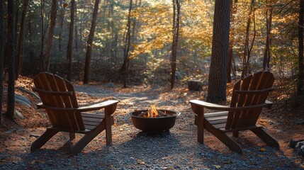 Two wooden lounge chairs facing a small fire pit in a sunlit autumn forest, warm cozy and tranquil atmosphere
