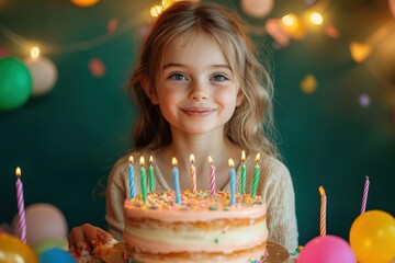Young child holding a pink frosted birthday cake with lit candles, colorful balloons and warm string lights creating a joyful, excited party atmosphere
