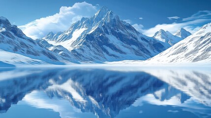 Serene alpine landscape with towering snow-covered peaks mirrored in a glassy blue lake beneath a bright sky with soft clouds, evoking peaceful majesty and crisp cold