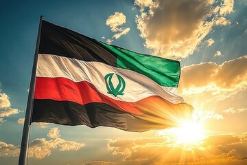 Wind-blown green white red and black striped flag with central green emblem waving on a pole against a dramatic golden sunset sky with sunburst and clouds, proud and hopeful mood