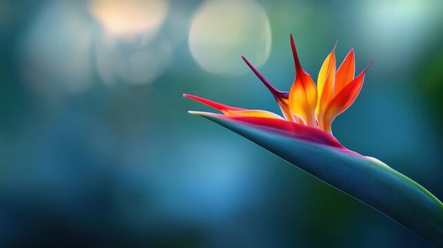 Vibrant bird of paradise flower with glowing orange and yellow petals and elongated green bract against a soft blue bokeh background, evoking serene tropical elegance - Powered by Adobe