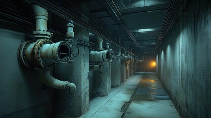 dim underground industrial corridor with rusted pipes and valves mounted on concrete pillars, wet reflective floor, overhead cables and a distant orange light, eerie ominous mood