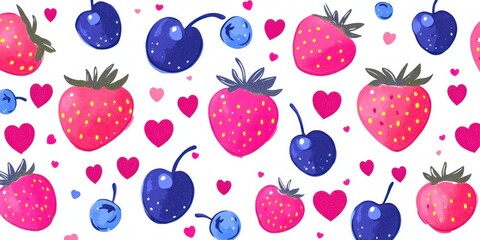 playful seamless pattern of bright pink strawberries, blue cherries and scattered hearts on white background