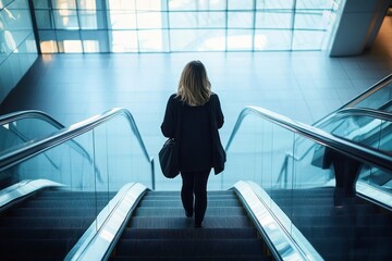solitary woman descending an escalator in a bright modern glass atrium, carrying a bag, calm and contemplative mood