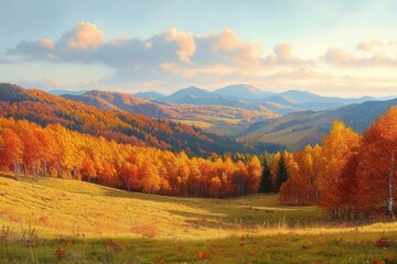 Fototapeta premium Golden autumn meadow and rolling hills with orange deciduous forest and distant blue mountains under soft clouds, peaceful and tranquil late afternoon light