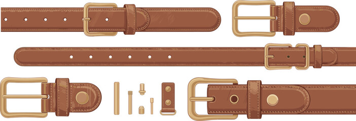 Naklejka premium Leather belt parts illustration, gold buckle, brown strap, stitching detail, hardware components, fashion accessory vector for design, manufacturing, apparel