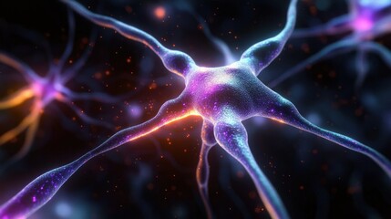 Glowing purple and blue neuron with branching dendrites and axon, orange synaptic sparks and floating particles, evoking a sense of awe and electric connection