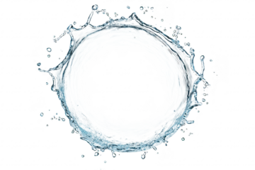 A dynamic splash of clear water forms a circular shape against a white background. capturing the essence of fluid motion. ideal for illustrating purity and freshness in design projects