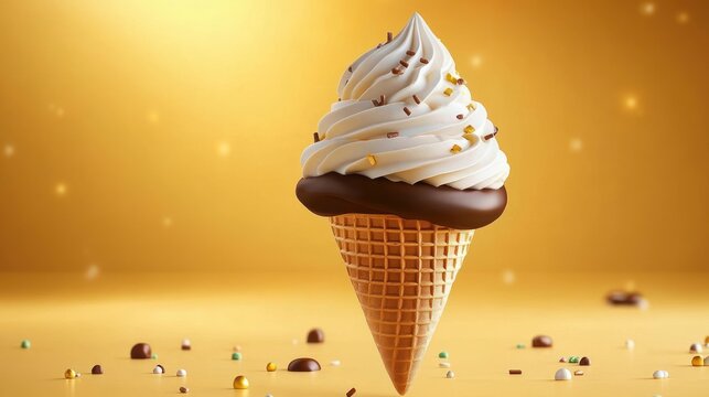 creamy vanilla soft-serve ice cream in a waffle cone with chocolate dip and colorful sprinkles against a warm golden background, playful and indulgent mood