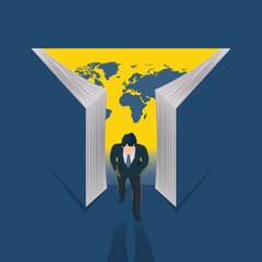 A vector illustration of a businessman walking out from between two open books with a world map in the background