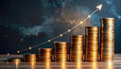 Golden coins stacked in ascending order, symbolizing financial growth and market success with a upward trend line. The image evokes feelings of wealth, prosperity, and investment