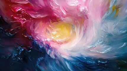 Vibrant swirling abstract vortex of pink, yellow and blue brushstrokes with a luminous center, flowing textures evoking energy and wonder