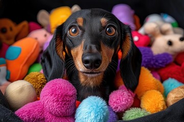 small black dog nestled among colorful plush toys and fuzzy pom-poms, cozy playful and content mood