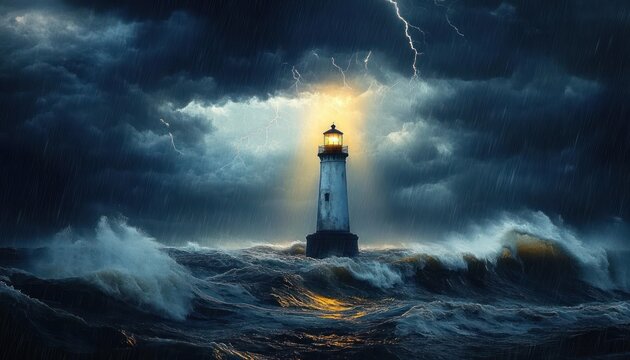 lighthouse standing amid a violent storm with glowing beacon, towering waves, lightning and heavy rain, evoking dramatic resilience and solitude - Powered by Adobe