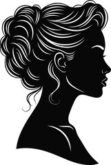 Beautiful woman profile silhouette vector with detailed wavy hair bun, isolated on white background, perfect for hair salon logo, beauty spa, and fashion illustration.