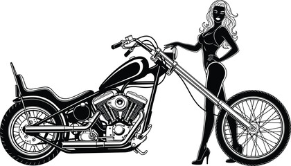 Black and white vector pin-up girl standing next to a vintage chopper motorcycle, showcasing a rockabilly and biker lifestyle illustration perfect for apparel, posters, and merchandise.Black © Vector's World