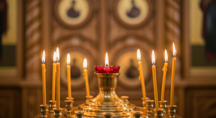 Candles Burning in Church Ambiance: Golden Light, Religious Symbolism, Tranquil Worship with Spiritual Flame Illumination