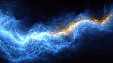 glowing blue filament waves with a golden electric streak over a dark background, dynamic, turbulent, and awe-inspiring